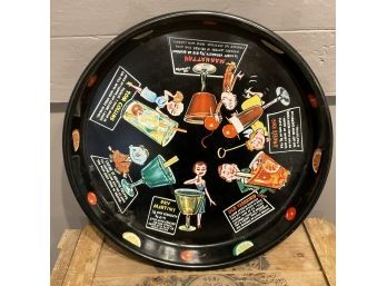 Vintage Masonware Round Metal Cartoon Cocktail Tray W/ Drink Recipes  (Shipping )