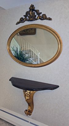 Gilded Wall Mount Console Table With Mirror & Accent Decoration
