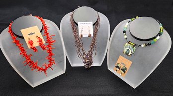Three Necklace & Earring Sets: Coral, Semi-Precious Beads, & Glass Beads