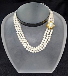 Triple-strand Akoya Cultured Pearl Necklace With 14k Gold Mabe Pearl Clasp