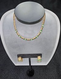14K Yellow Gold, Emerald & Diamond Necklace & Earring Set