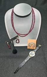 Mixed Jewelry Lot: Beaded Garnet Necklace & Earrings, Swiss Quartz Watch & Sterling Silver Earrings