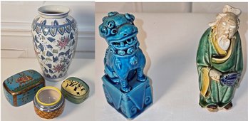 Mixed Lot: Chinese Vase, Indian Paper Mache Boxes, Italian Ceramic Pot, Foo Dog & Mud Man