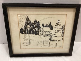 Signed Original Winter Scene Ink Drawing