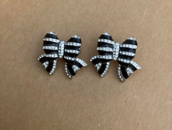 Signed PEP B&w Rhinestone Bow Earrings