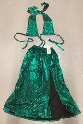 New With Tags Iridescent Sea Green Side Slit Skirt With Connected Tie Halter Top