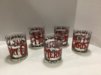 Set Of Five Vintage Merry Christmas Low Ball Glasses