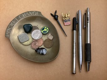 Foreign Coins In Heavy Brass Change Dish, Cross Pen& More