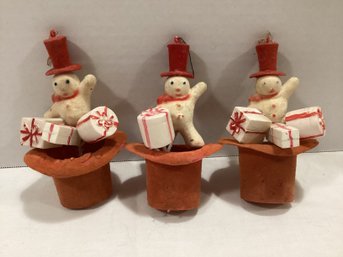 Set Of Three Flocked Snowmen