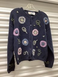 Vintage Paul Harris Design Flower Accent Cardigan In Navy