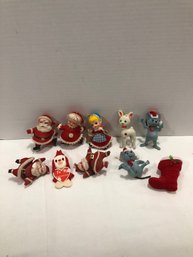 Vintage Flocked Mr And Mrs Claus, Reindeer, Mouse And More