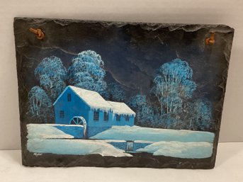 Signed Winter Scene Painting On Slate