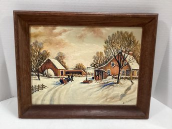 Signed Winter Scene Painting On Board