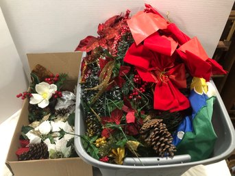 Two Boxes Of Holiday Faux Flower Picks , Wreath And More