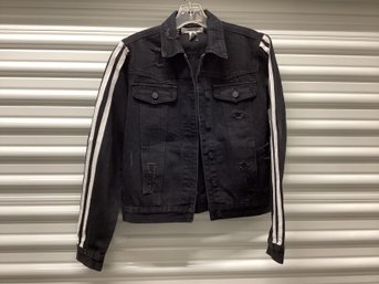 Refuge Distressed Black Denim Jacket With Racing Stripe Sleeve Detail