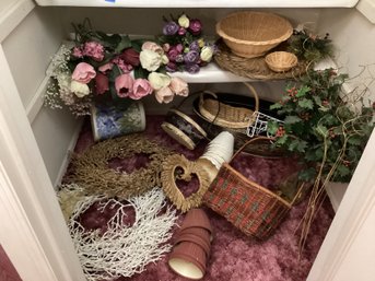 Contents Of Shelves Decorative Wreaths, Baskets, Faux Floral