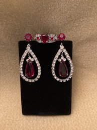 Red Rhinestone Costume Drop Earrings & Heart Ring