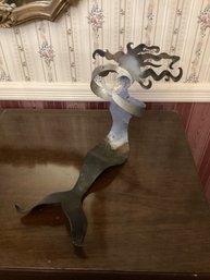 Artist Signed Metal Mermaid Sculpture Wine Bottle Display