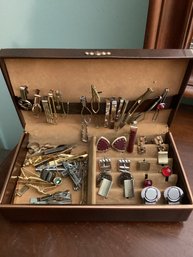 Vintage Jewelry Box Full Of Mens Jewelry 925 Silver Ring, Cufflinks, Tie Clips