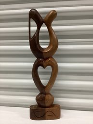 Handcrafted Signed Embracing Couple Heart Wood Sculpture