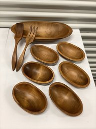 Beautiful Mid Century Kennedy Bros. Vermont 9 Piece Hand Turned Teak? Salad Set