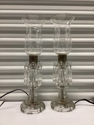 Pair Of Crystal Hurricane Lamps