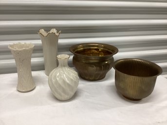 Brass Planters & Lenox Vases