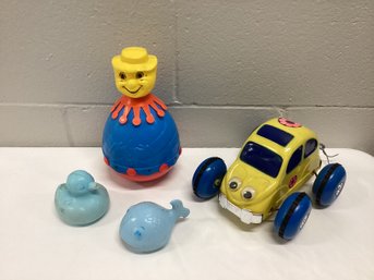 1970 Cragstan Beetle, Clown Roly Poly Chime & Vintage Bath Toys