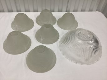 Set Of 6 Marbled Frosted Glass Shades & Floral Glass Shade