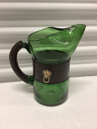 Vintage Green Glass Lion Head Knocker Leather Accent Pitcher