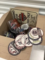 Box Of Harley Davidson Glassware, Sign & Coasters