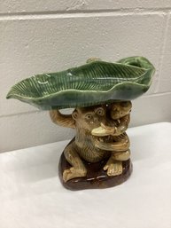 Vintage Majolica Monkey & Baby Banana Leaf Dish