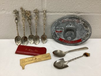 Spoons Marked Italy, Belt Buckle & 1950s Metal Pocket Ruler