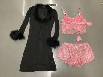 NWT Dolls Kill Delias Feather Accent Duster & Sugar Thrillz Pink Lace PJ Set