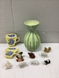 Pair Of Spode Teabag Rests, Wade Tea Figures, Striped Vase, Small Animal Figures