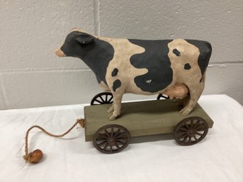 Folk Art Cow Pull Toy Decor