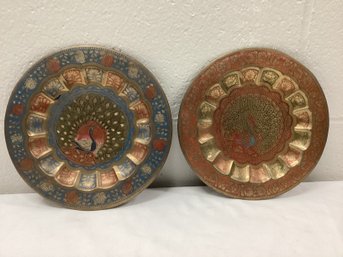 Pair Of Peacock Metal Wall Hanging Plates