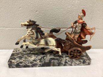 Vintage Roman Chariot On Stone Base Marked Italy