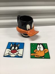 1992 Warner Bros Rubber Coasters & Daffy Duck Figural Mug