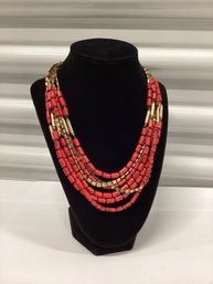 Stella & Dot Red Coral Gold Tone Multi Strand Necklace