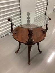 Antique Carved Wood Two Tier Glass Top Parlor Table