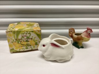 Vintage Rooster Planter & Avon White Rabbit Planter With Box