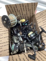 Box Of Fishing Reels Penn Long Beach 60, Shimano, Garcia Mitchell, Abu Garcia