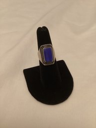 Silver Tone & Blue Stone Ring With Makers Mark?