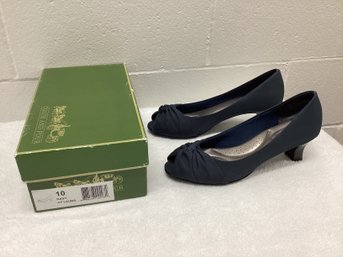 Coach And Four Navy Open Toe Kitten Heels