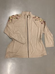 Norm Thompson Zip Up With Emroidered Floral Sleeve Detail