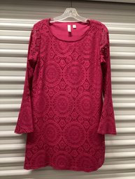 Fuschia Bell Sleeve Lace Overlay Swing Dress