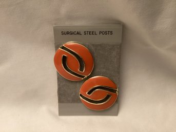 Vintage Orange & Gold Tone Enamel Earrings