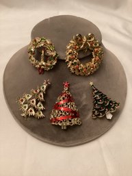 Vintage Christmas Tree & Wreath Brooches