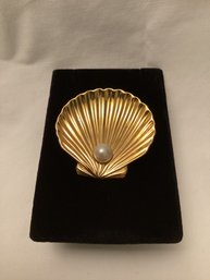 Signed Trifari Shell With Pearl Brooch